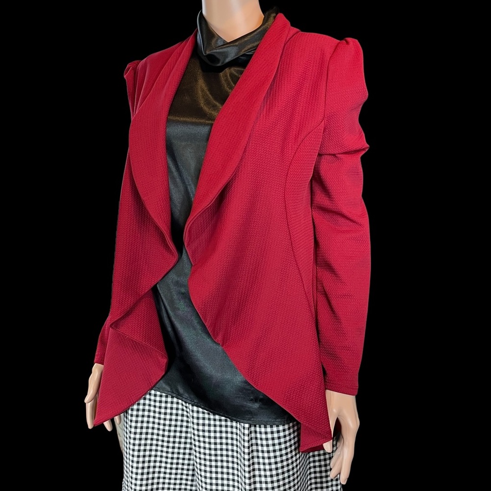 Minefree Long Sleeve Open-Front Flowy Jacket, Maroon Red | 2X